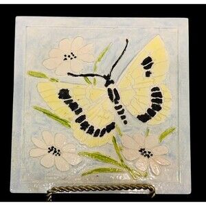 Hand Painted Ceramic Tile Butterfly Floral Decorative Art 6"